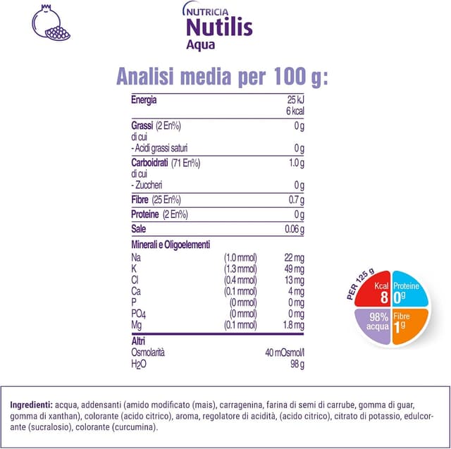 Detalle 2 de Nutilis Aqua Gel Granatina, acqua gelificata pronta all’uso per gestione dietetica della disfagia (12 x 125 g)