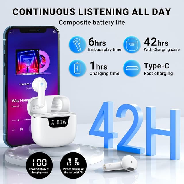 Detalle 2 de Wireless Earbuds Bluetooth 5.4 with ENC Mic, 42H Playtime, USB-C Charging Case