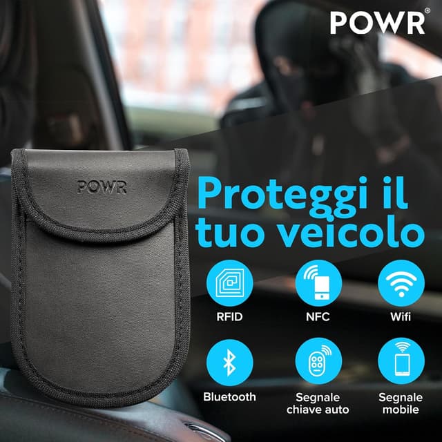 Detalle de POWR 2 Sacchetti Schermati per Chiavi Auto con blocco RFID/NFC e stile Faraday Classic Black