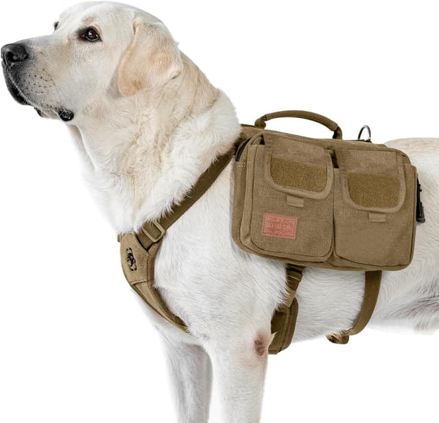 Detalle de OneTigris Hoppy Camper 3.0 Hundegeschirr mit Tasche für Camping & Wandern (Retro-Look, braun, L)