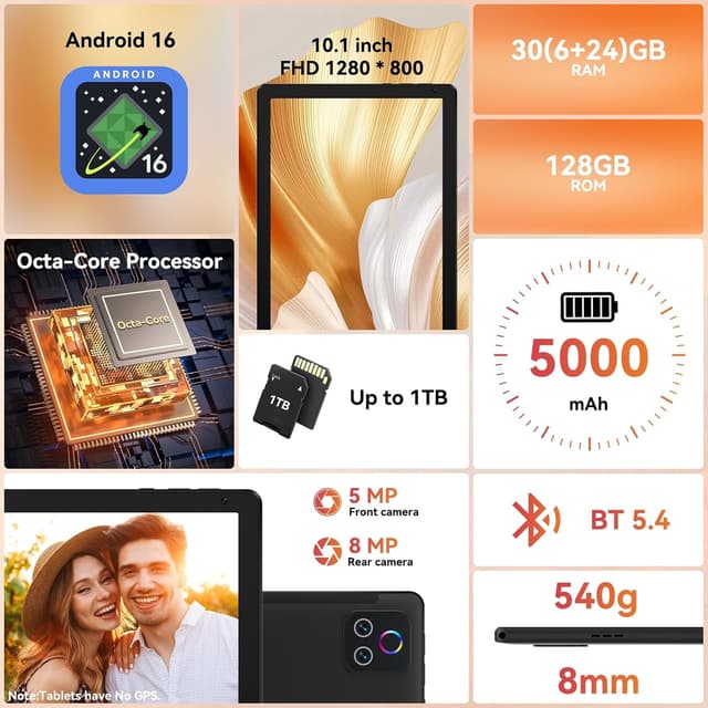 Detalle 2 de URAO 10.1-Inch Android Tablet (Android 16) with Octa-Core, 128GB Storage, Wi‑Fi 6 & Bluetooth 5.4