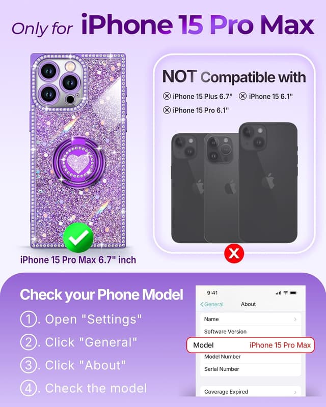 Detalle 2 de XYZ Glitter Bling Case for iPhone 15 Pro Max (Purple) with Heart Stand & Lanyard