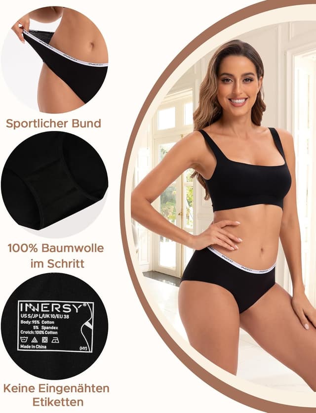 Detalle de INNERSY Damen-Unterhosen aus Baumwolle (Hipster, Mehrpack) – 6er-Pack