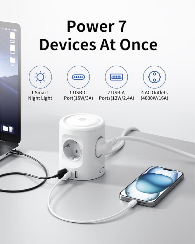 Detalle de Ciabatta multipresa con luce e 3 porte USB (USB-C + USB-A) 16A 2 m con interruttore, ciabatta a 4 scomparti Schuko