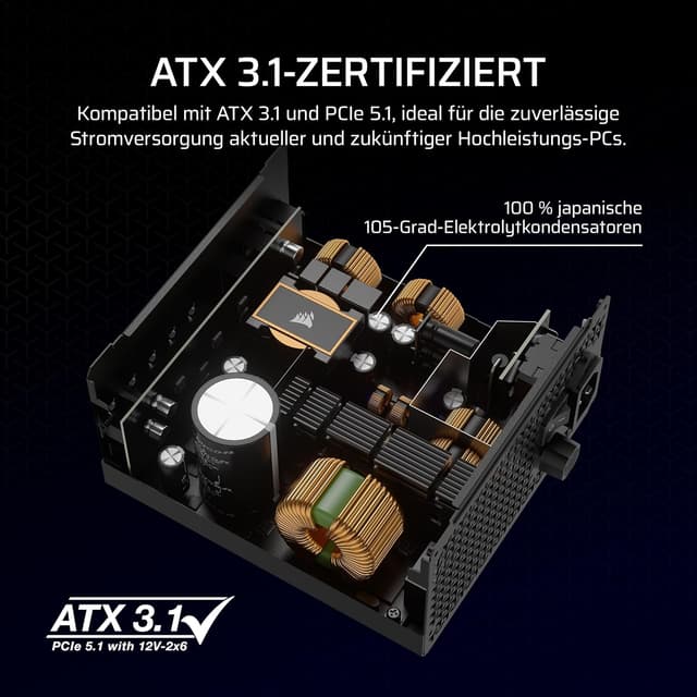 Detalle de CORSAIR RM750x (ATX 3.1) 750 W modulares Netzteil mit Zero-RPM-Modus, Native 12V-2x6 und Cybenetics Gold