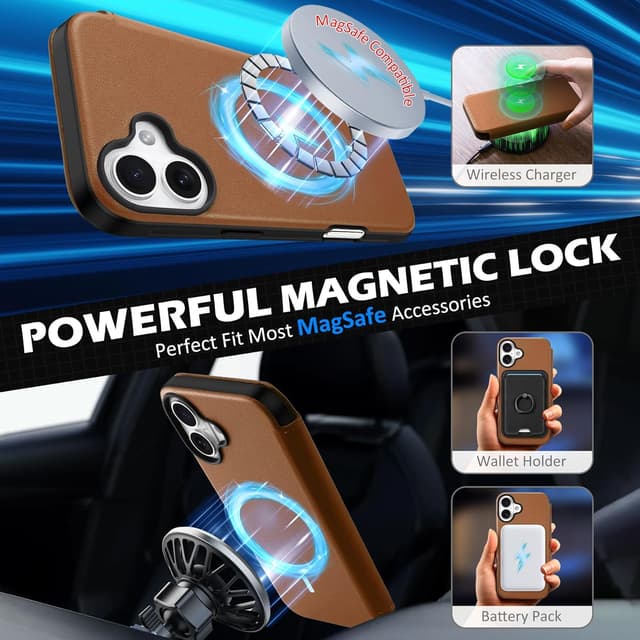 Detalle 2 de SHIELDON Echtleder-Hülle für iPhone 16 Plus 5G (6,7") – Dünne Klapphülle mit Magnetverschluss, Kartenfach & RFID-Blocker, Sattelbraun