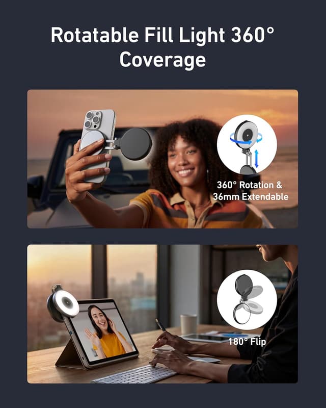 Detalle de TELESIN C03 Magnetic Selfie Light (3-in-1) – CRI97 360° portable phone fill light with mirror