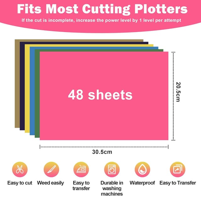 Detalle de Nuangoo 48 fogli di vinile termoadesivo per Cricut (30,5×20,5 cm) – 24 colori per tessuti e progetti fai-da-te