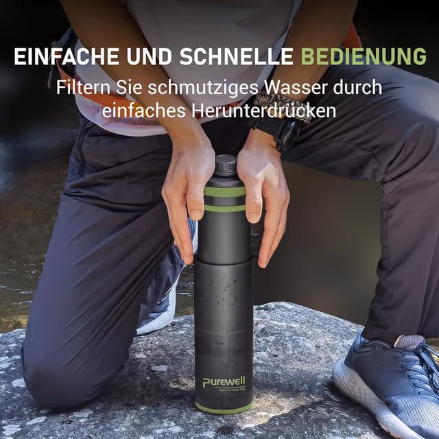 Detalle de Purewell Press-Filter-Flasche 500 ml – Trinkflasche mit Druck-Filtersystem und 0,01 µm UF-Membran
