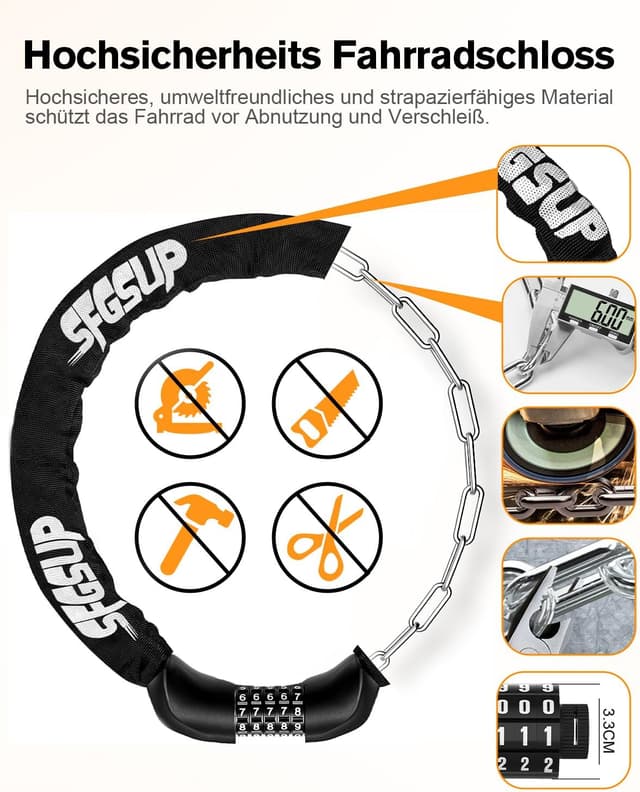Detalle 2 de SFGSUP Zahlenschloss für das Fahrrad: 5-stelliger Code, 6 mm Stahlkette (90 cm)