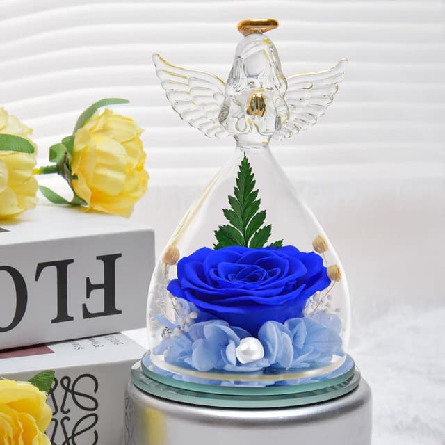 Detalle de YiHuaHua Rose Eternelle Cadeau Femme : rose stabilisée avec figurine d’ange sous cloche en verre