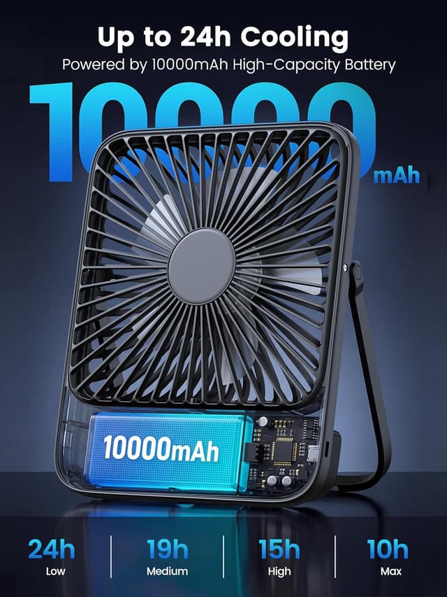 Detalle de Warmco 10000mAh Portable Desk Fan (21cm) with Digital Display and USB-C Charging
