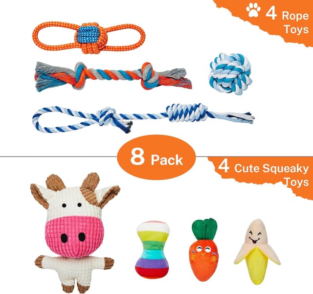 Detalle 2 de Toozey Hundespielzeug für kleine Hunde – 8-teiliges Welpenspielzeug-Set mit Quietschern und Baumwollseil