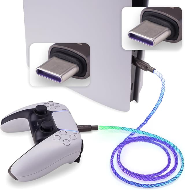 Detalle de playvital 6.56FT Illuminated Charging Cable (Type C to C) for PS5 Edge, Xbox controllers and Switch Pro