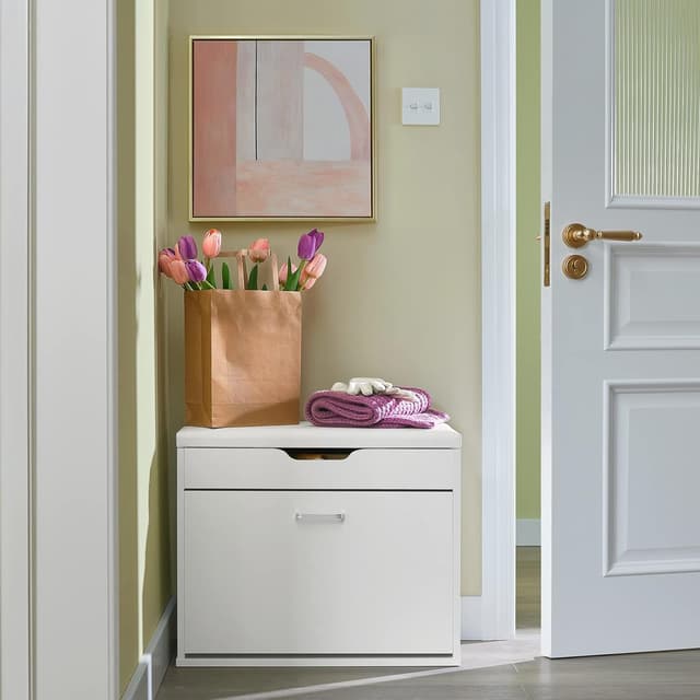 Detalle 2 de SoBuy FSR95-W Meuble à chaussures banc rembourré à abattant rabattable blanc 60x30x50 cm