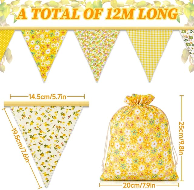 Detalle de Alintor Floral Bunting (Yellow) – 45 flags fabric vintage Easter banner for garden parties