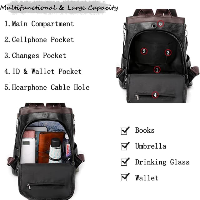 Detalle de JSNOM Zaino Donna in Pelle Casual antirrobo: zainetto impermeabile 29x12x30 cm, daypack per scuola, lavoro e shopping