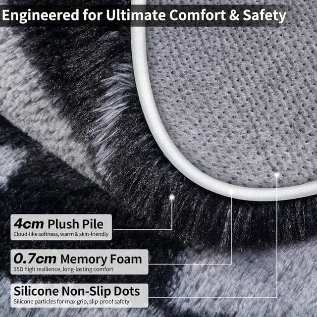 Detalle de FVVRAX Checkered Fluffy Rug 200x300cm (Black & Grey) – Plush low-shedding non-slip area rug