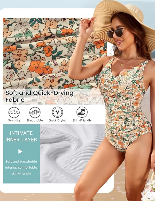 Detalle 2 de Vijamiy Damen Badeanzug One-Piece mit tiefem V-Ausschnitt & Bauch-Effekt