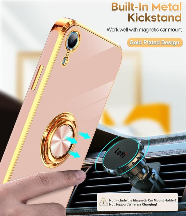 Detalle de LeYi iPhone XR Case with Tempered Glass Screen Protector (2-Pack) 360° Magnetic Kickstand Ring Holder, Rose Gold Edge, Pink