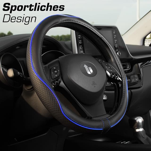 Detalle de Upgrade4cars Lenkradbezug Blau Schwarz (Leder-Optik) – universelle Lenkradhülle 37–38 cm