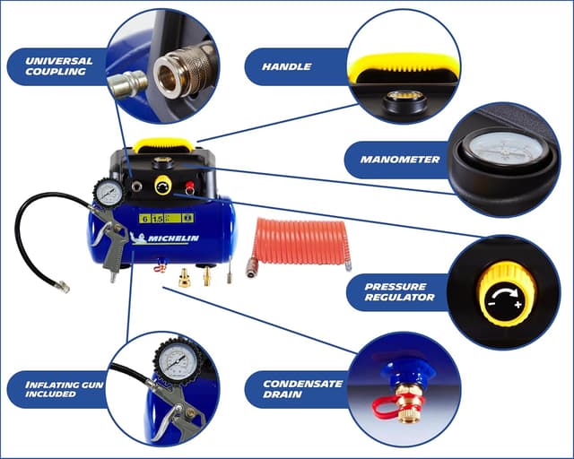 Detalle de MICHELIN Compressore d’aria portatile MBL6 da 6 litri oil-free con manometro e kit gonfiaggio