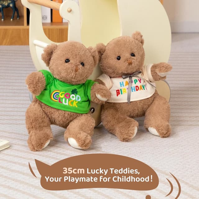 Detalle de BEJOY Glücksbär Teddybär (35 cm) mit „Good Luck“-Shirt – kuscheliges Plüschtier als Geschenk