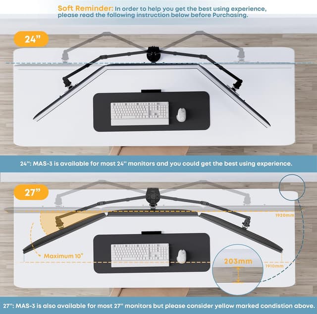 Detalle de PUTORSEN Tischhalterung für 3 Monitore (13–27 Zoll) mit Neigung, Drehung und Höhenverstellung