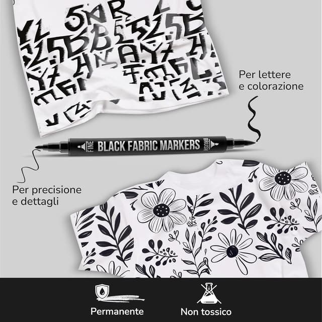 Detalle de Zenacolor 5 Pennarelli Neri a Doppia Punta Permanenti per Tessuti