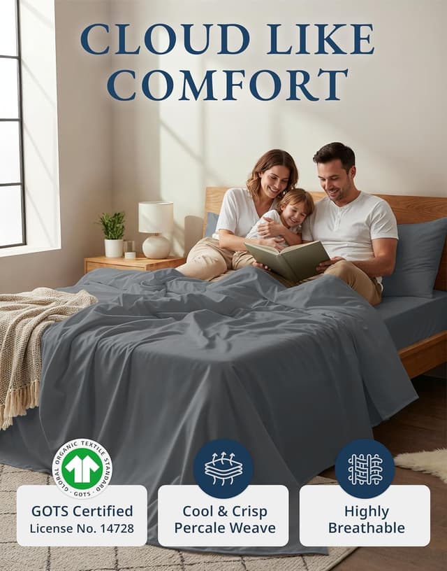 Detalle 2 de Lane Linen 100% Organic Cotton Twin Size 3-Piece Bed Sheets Set (Charcoal, Classic Percale)