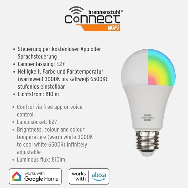 Detalle 2 de Brennenstuhl Connect Bombilla LED WiFi E27 compatible Alexa