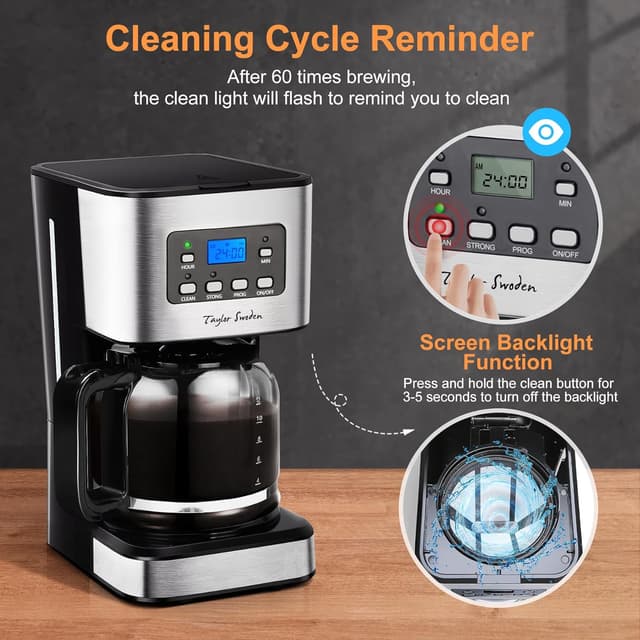 Detalle de Taylor Swoden Darcy Kaffeemaschine mit Timer, 950 W, 1,5 l Filterkaffee für bis zu 12 Tassen (schwarz)