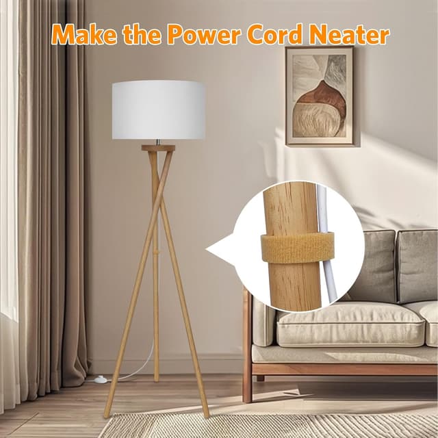 Detalle de Lampadaire sur pied BBHome style scandinave en bois avec abat-jour blanc et ampoule LED E27 9 W