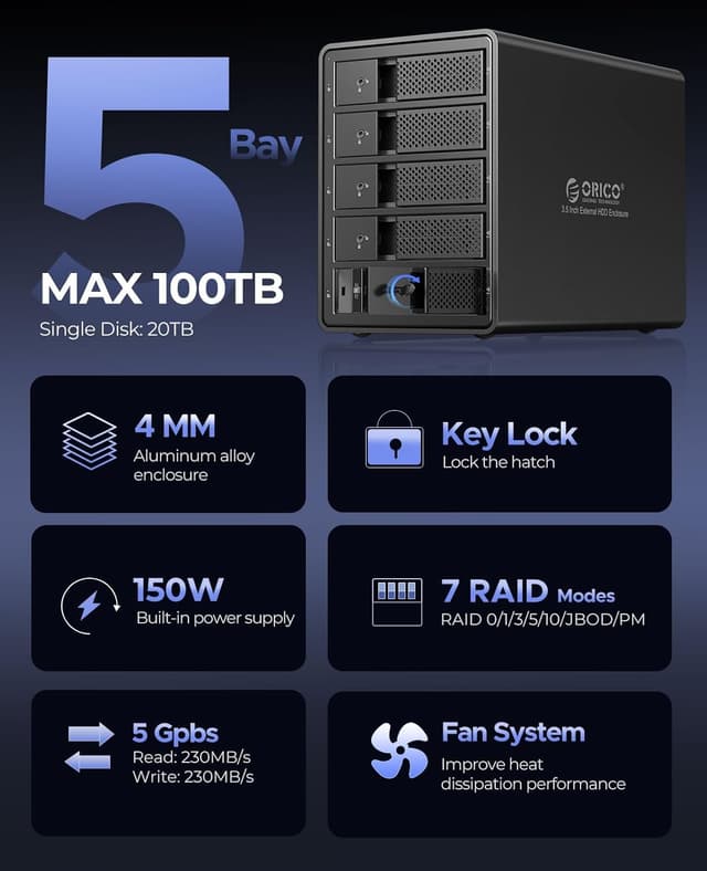 Detalle 2 de ORICO boîtier externe pour 5 disques durs USB 3.0 vers SATA avec RAID (aluminium) – 5 baies