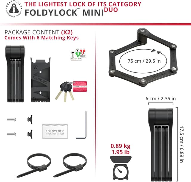 Detalle de Seatylock FoldyLock Mini Duo ant ivol pliable 2 chaînes pour vélo et trottinette électrique, 75 cm
