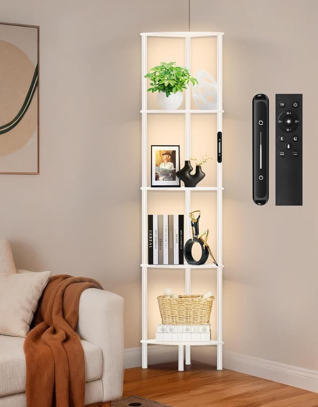 Detalle de OUTONLIFE 5 Tier Corner Floor Lamp with Shelves (LED, Touch & Remote, Dimmable, White)