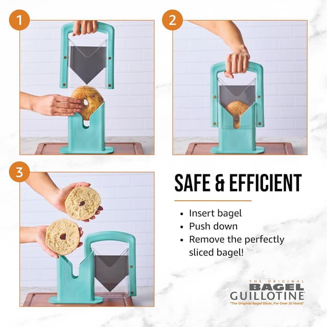 Detalle de Hoan Bagel Guillotine Universal Slicer with Built-In Safety Shield (9.25 in) — Aqua Sky