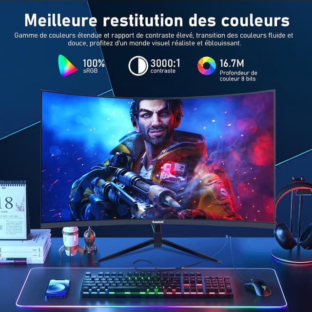Detalle de Gawfolk Écran PC 32 pouces incurvé 2K WQHD 165 Hz (HDMI/DisplayPort) 100×100 VESA