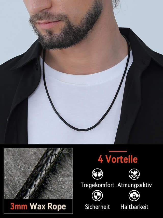Detalle de FaithHeart Lederkette für Herren & Damen – Lederband mit Verschluss, 1,5/2/3 mm, ohne Anhänger (schwarz), 40–75 cm