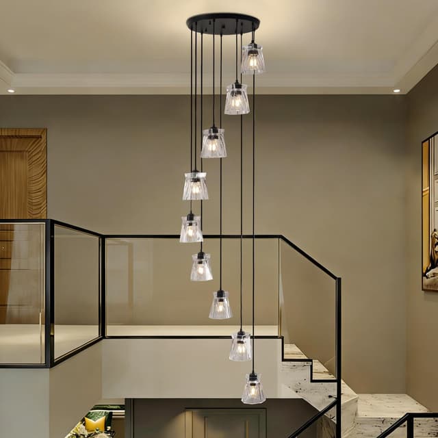 Detalle de FRIXCHUR High Ceiling Long 9-Light Black Crystal Pendant Chandelier for Stairwells & Double-Height Spaces