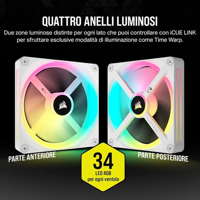 Detalle de CORSAIR iCUE LINK QX140 RGB 140 mm Cupola Magnetica – Doppio Ventole Starter Kit con Hub iCUE LINK, bianco
