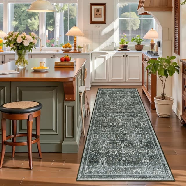 Detalle 2 de Tapis de couloir IMIYOKU 65 x 180 cm vert foncé lavable antidérapant