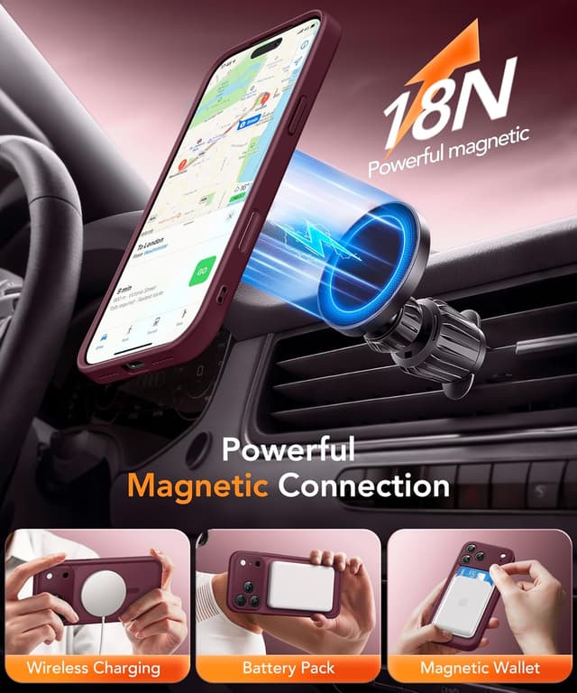 Detalle de Magnetic Case for iPhone 17 Pro Max with Privacy Screen Protector – MagSafe-compatible, Camera Protection, Military-grade 360° – Wine Red