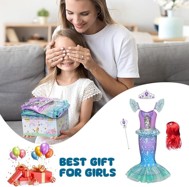 Thumbnail 6 de AYBUY Vestito Principessa Sirena con parrucca e 3 accessori per cosplay, Halloween e Natale