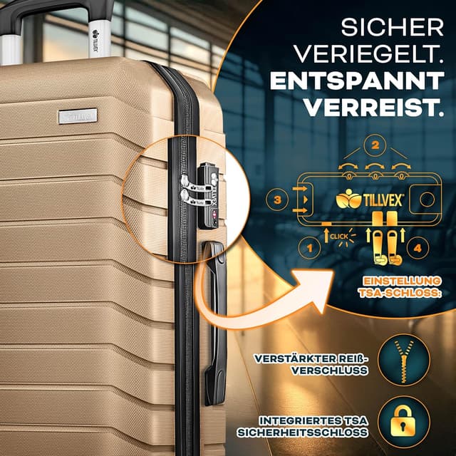 Detalle de tillvex® Reisekoffer Set 4-teilig (S–M–L–XL) mit TSA-Schloss, 4 Rollen & Gepäckwaage