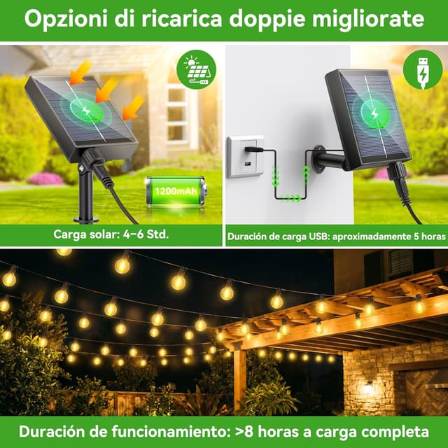 Detalle 2 de FGRYB Catena luminosa da esterno solare FGRYB con lampadine G40 da 15 m, ricarica ibrida USB-C e telecomando