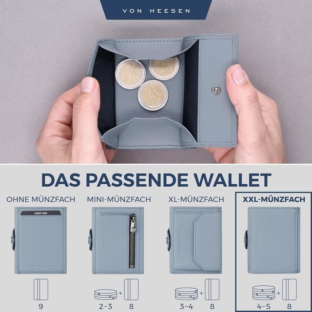 Detalle 2 de VON HEESEN Slim Wallet mit XXL Münzfach, RFID-Schutz & RFID-geschütztem Kartenfach – Hellblau