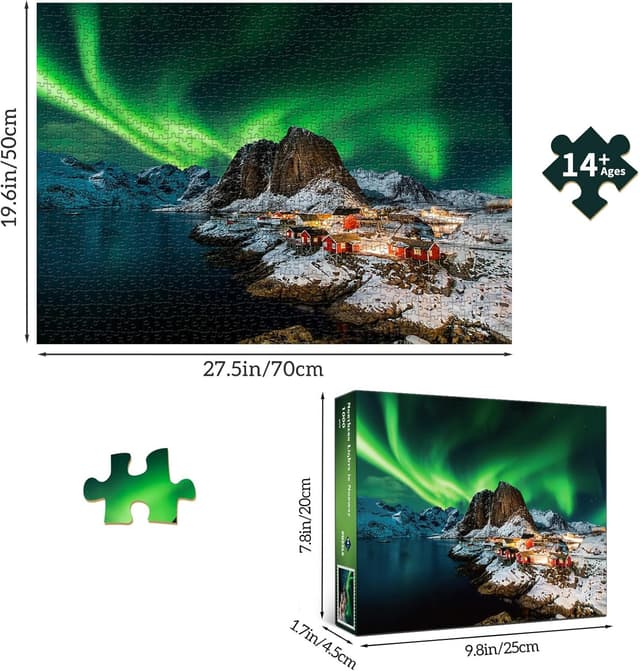 Detalle de Puzzle 1000 Teile – Klassisches Norwegen „Aurora Borealis“ (70 x 50 cm) mit Poster