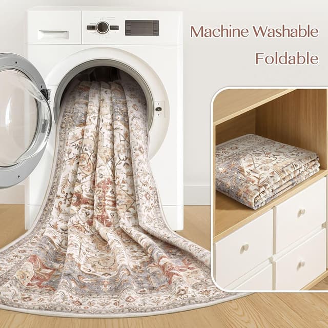 Detalle de Tortania Area Rug Living Room Rugs 9x12 Washable Boho Vintage Oriental Distressed (Orange Multi)