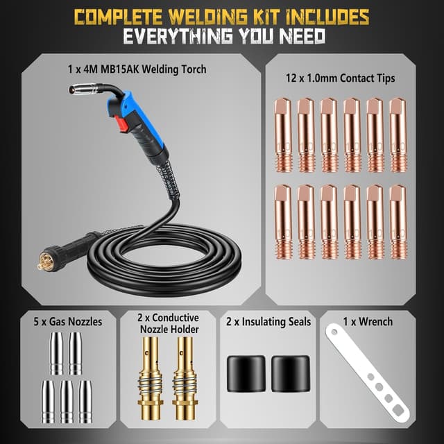 Detalle 2 de BOSYTRO Torcia di Saldatura MIG/MAG MB15AK con filo 4 m e set da 22 pezzi